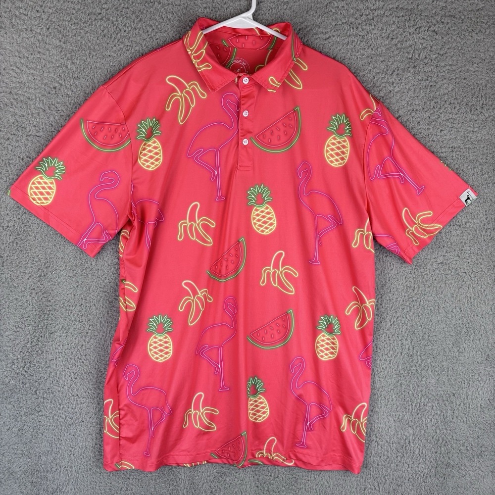 Proud 90‎ Golf Polo Shirt Mens XL Party Shirt AOP Fruit Flamingo Neon Stretch